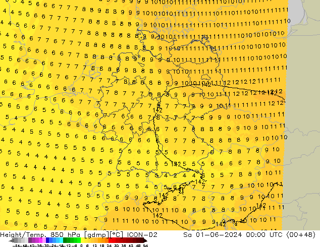 Géop./Temp. 850 hPa ICON-D2 sam 01.06.2024 00 UTC