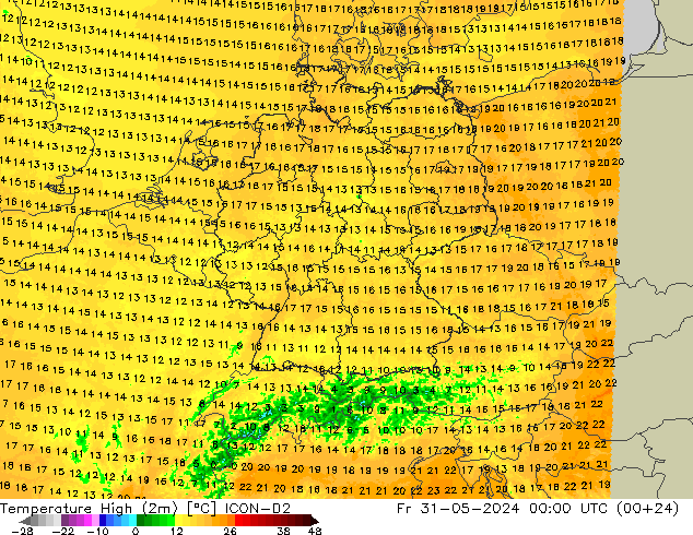 Temperature High (2m) ICON-D2 Fr 31.05.2024 00 UTC