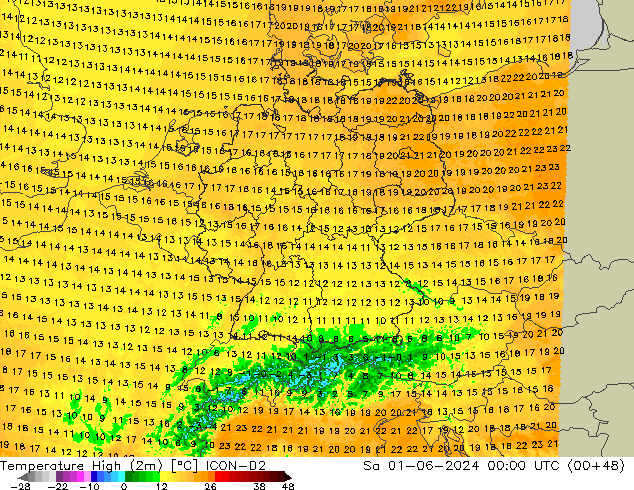 Temperature High (2m) ICON-D2 Sa 01.06.2024 00 UTC