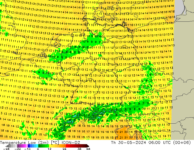 Temperature Low (2m) ICON-D2 Th 30.05.2024 06 UTC