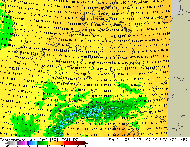 Temperature Low (2m) ICON-D2 Sa 01.06.2024 00 UTC