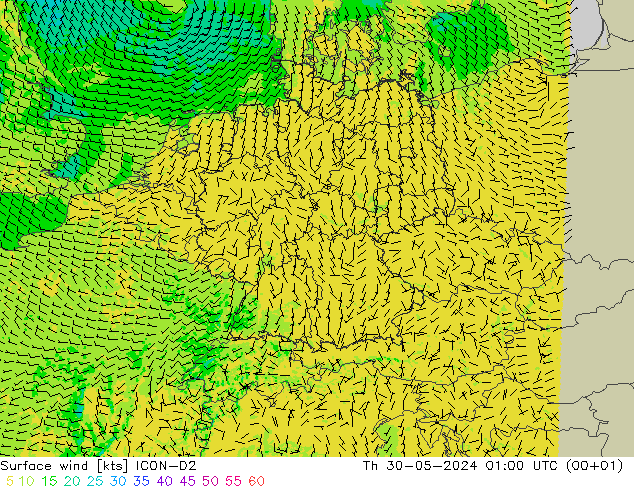 Surface wind ICON-D2 Th 30.05.2024 01 UTC