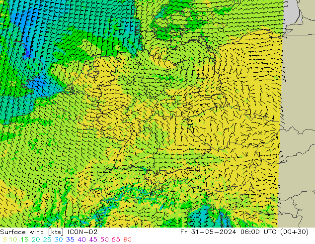 Rüzgar 10 m ICON-D2 Cu 31.05.2024 06 UTC