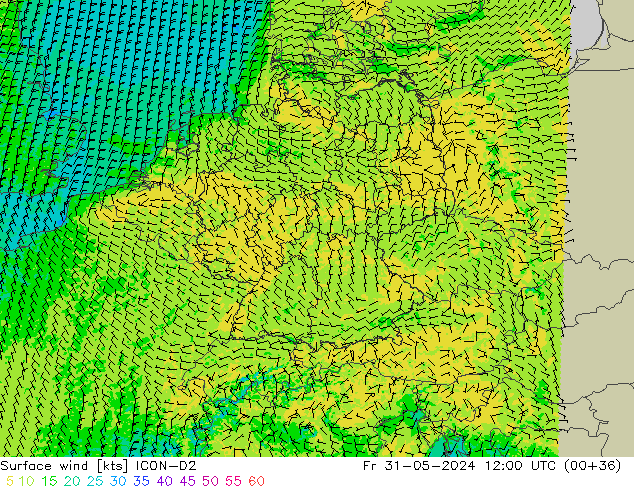 Surface wind ICON-D2 Fr 31.05.2024 12 UTC