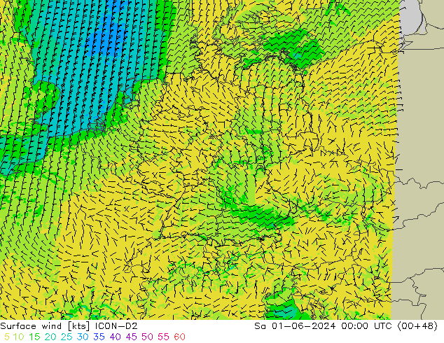 Surface wind ICON-D2 Sa 01.06.2024 00 UTC