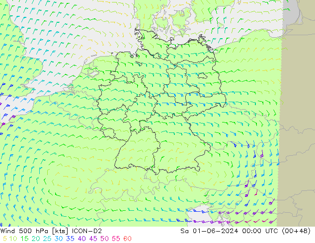 Vento 500 hPa ICON-D2 sab 01.06.2024 00 UTC