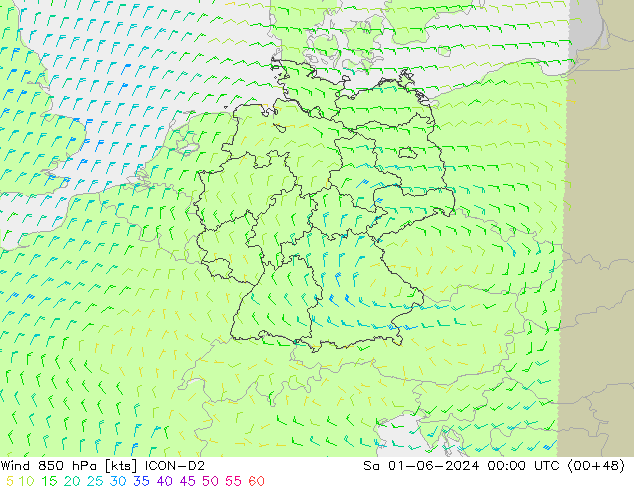 Wind 850 hPa ICON-D2 Sa 01.06.2024 00 UTC