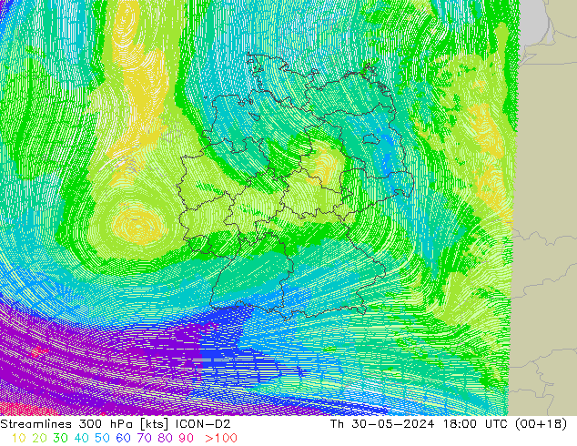 Rüzgar 300 hPa ICON-D2 Per 30.05.2024 18 UTC