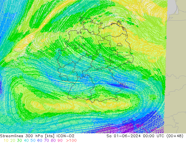 Streamlines 300 hPa ICON-D2 Sa 01.06.2024 00 UTC