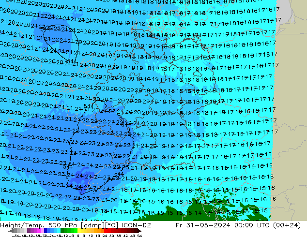 Height/Temp. 500 hPa ICON-D2 ven 31.05.2024 00 UTC