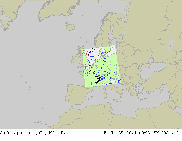 Pressione al suolo ICON-D2 ven 31.05.2024 00 UTC