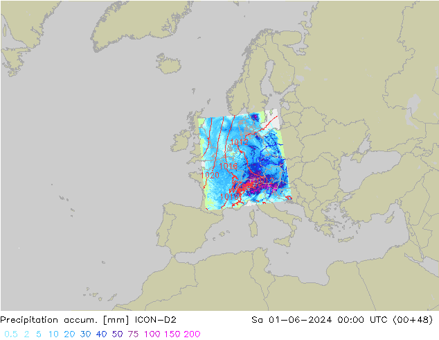 Precipitation accum. ICON-D2 сб 01.06.2024 00 UTC