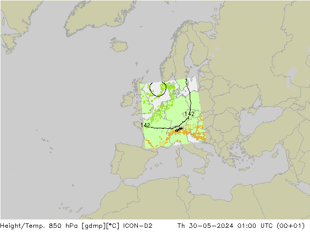 Height/Temp. 850 hPa ICON-D2 czw. 30.05.2024 01 UTC