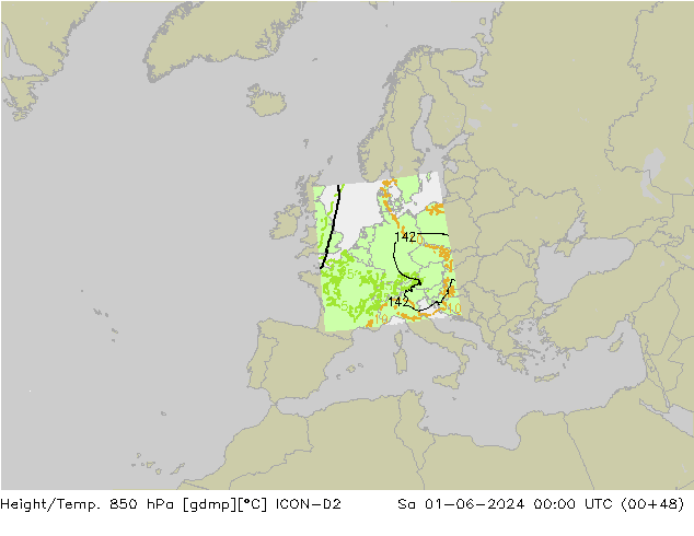 Height/Temp. 850 hPa ICON-D2 Sa 01.06.2024 00 UTC