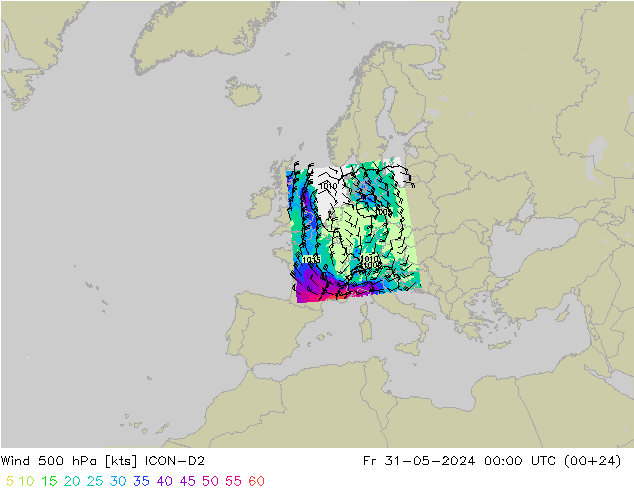 Rüzgar 500 hPa ICON-D2 Cu 31.05.2024 00 UTC