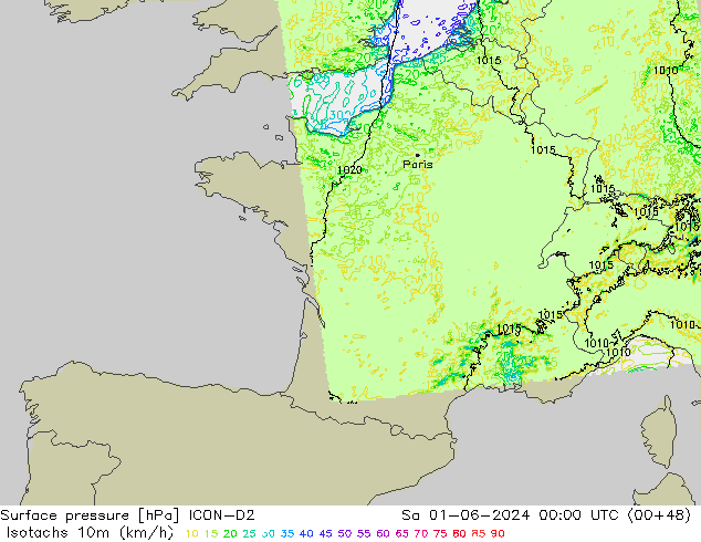 Isotachs (kph) ICON-D2 So 01.06.2024 00 UTC