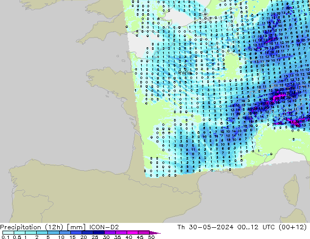 Precipitation (12h) ICON-D2 Čt 30.05.2024 12 UTC