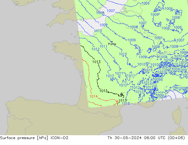 pressão do solo ICON-D2 Qui 30.05.2024 06 UTC