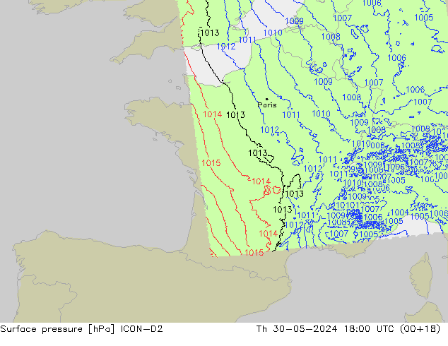 Surface pressure ICON-D2 Th 30.05.2024 18 UTC