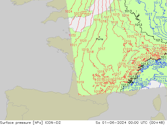 Surface pressure ICON-D2 Sa 01.06.2024 00 UTC