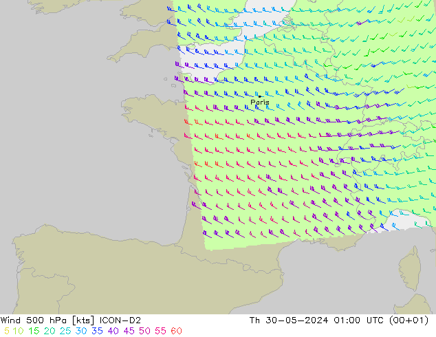 ветер 500 гПа ICON-D2 чт 30.05.2024 01 UTC
