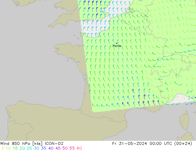 Vent 850 hPa ICON-D2 ven 31.05.2024 00 UTC