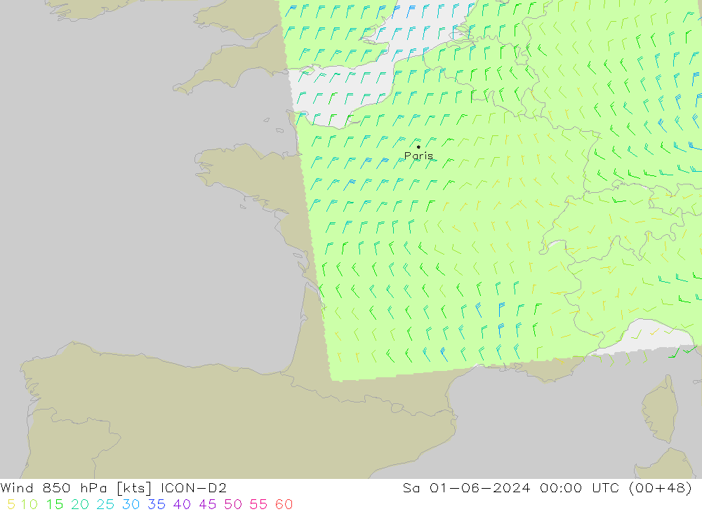 Wind 850 hPa ICON-D2 Sa 01.06.2024 00 UTC