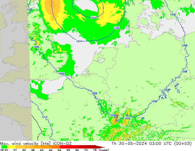 Max. wind velocity ICON-D2 jeu 30.05.2024 03 UTC