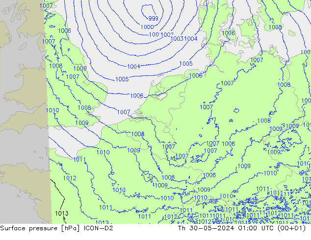 приземное давление ICON-D2 чт 30.05.2024 01 UTC