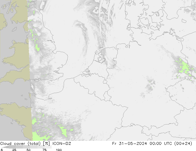 Cloud cover (total) ICON-D2 Fr 31.05.2024 00 UTC
