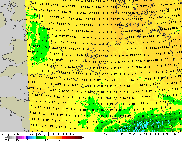 Temp. minima (2m) ICON-D2 sab 01.06.2024 00 UTC