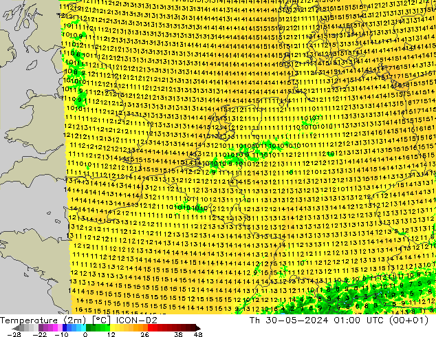 Temperature (2m) ICON-D2 Th 30.05.2024 01 UTC