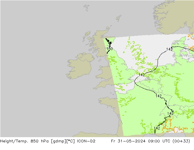 Hoogte/Temp. 850 hPa ICON-D2 vr 31.05.2024 09 UTC