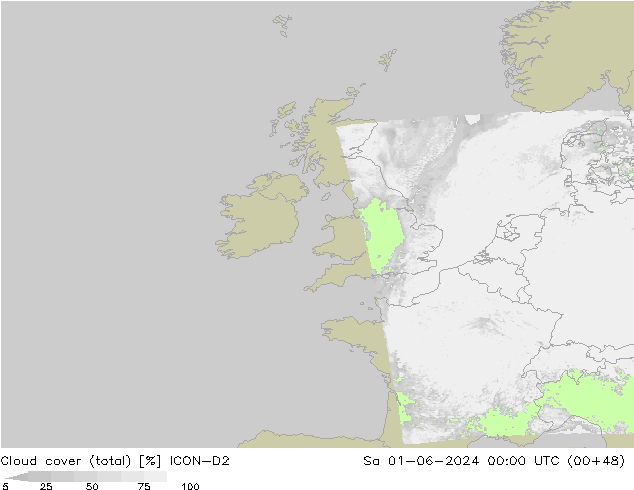 Cloud cover (total) ICON-D2 Sa 01.06.2024 00 UTC