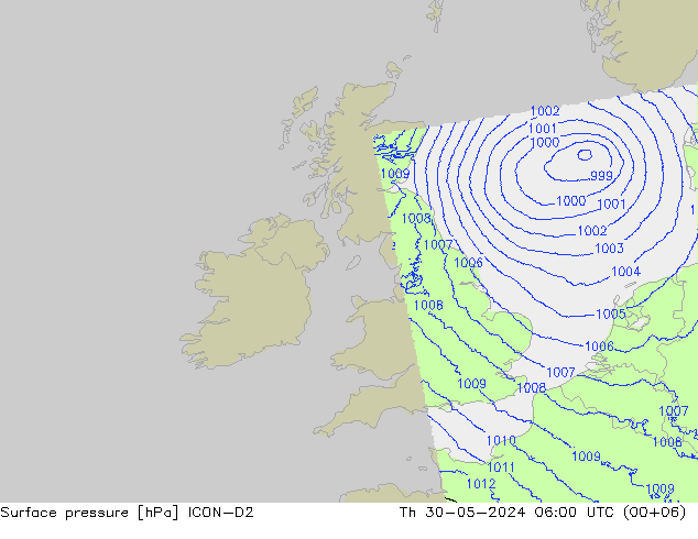 Presión superficial ICON-D2 jue 30.05.2024 06 UTC