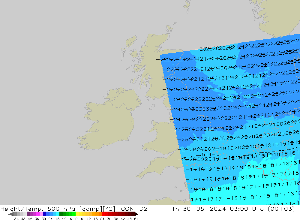 Hoogte/Temp. 500 hPa ICON-D2 do 30.05.2024 03 UTC