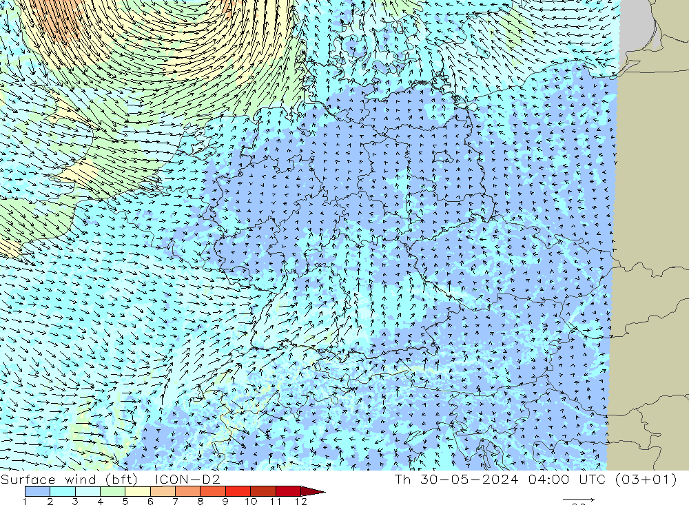 Surface wind (bft) ICON-D2 Th 30.05.2024 04 UTC