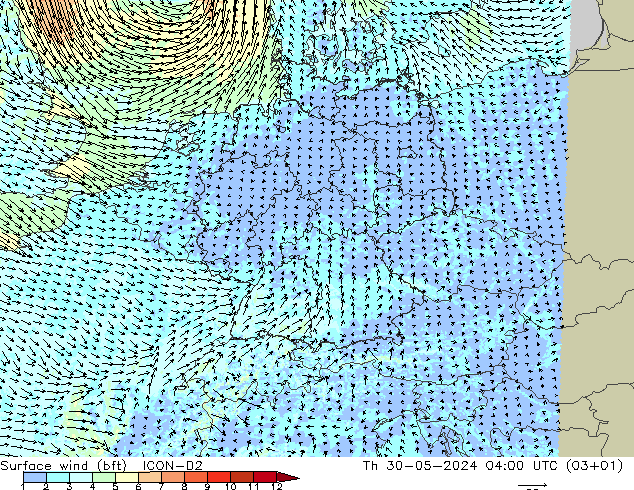 wiatr 10 m (bft) ICON-D2 czw. 30.05.2024 04 UTC