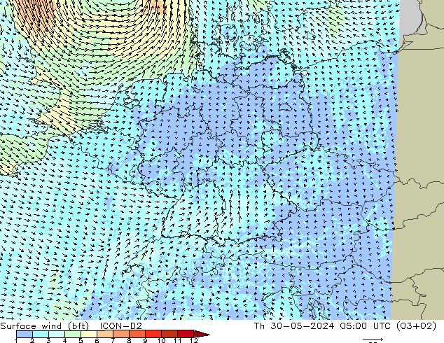 Wind 10 m (bft) ICON-D2 do 30.05.2024 05 UTC