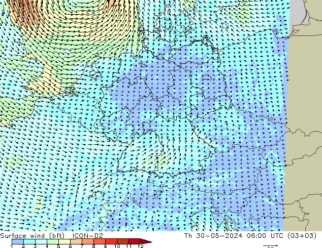  10 m (bft) ICON-D2  30.05.2024 06 UTC