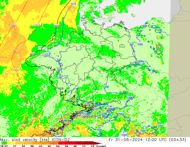 Maks. Rüzgar Hızı ICON-D2 Cu 31.05.2024 12 UTC