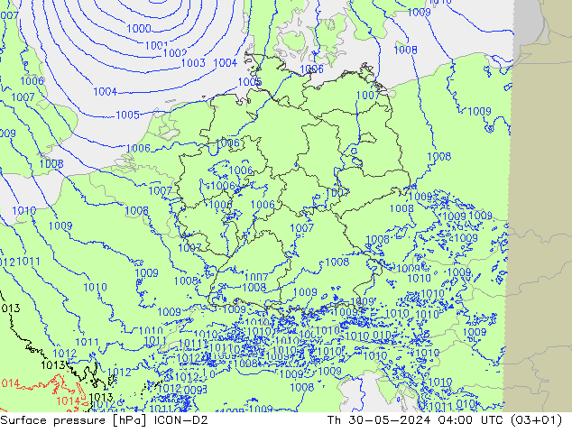 地面气压 ICON-D2 星期四 30.05.2024 04 UTC