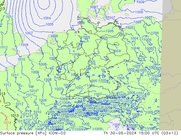 Atmosférický tlak ICON-D2 Čt 30.05.2024 15 UTC