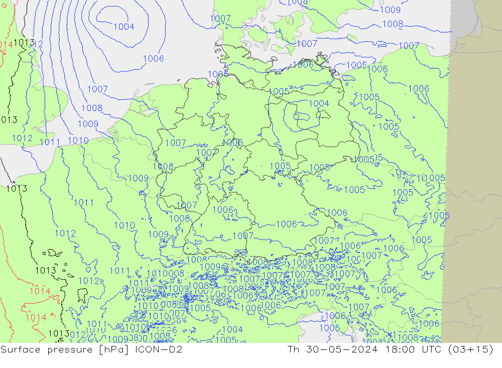 pressão do solo ICON-D2 Qui 30.05.2024 18 UTC