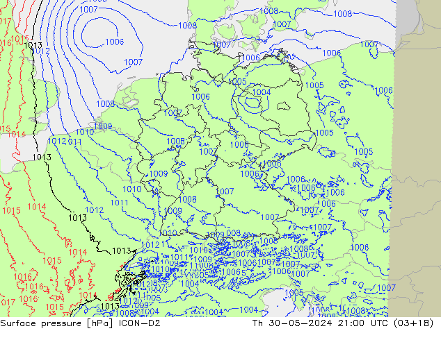 Surface pressure ICON-D2 Th 30.05.2024 21 UTC