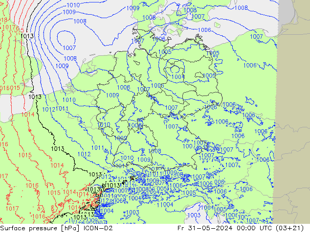 Pressione al suolo ICON-D2 ven 31.05.2024 00 UTC