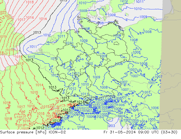 pressão do solo ICON-D2 Sex 31.05.2024 09 UTC