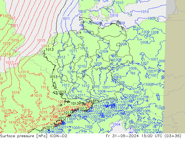 Atmosférický tlak ICON-D2 Pá 31.05.2024 15 UTC