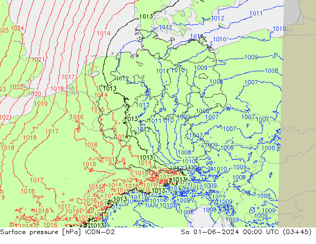 Surface pressure ICON-D2 Sa 01.06.2024 00 UTC