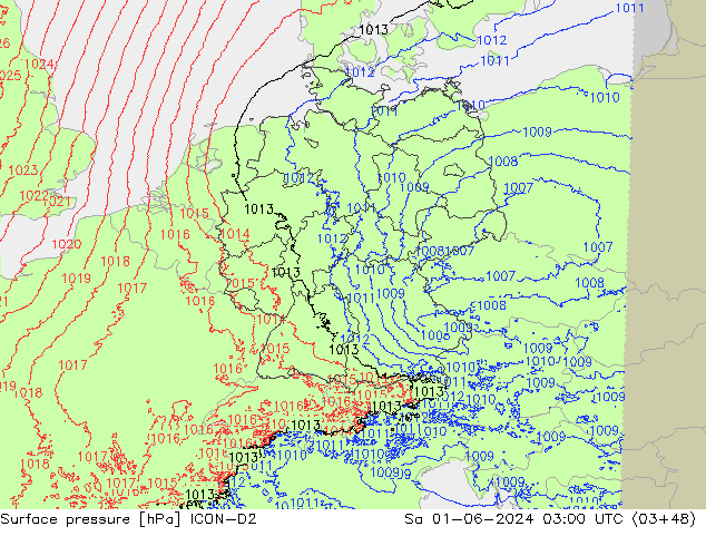 Surface pressure ICON-D2 Sa 01.06.2024 03 UTC